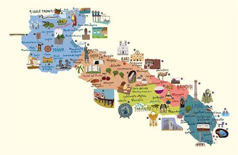 mappa turistica della Puglia con indicazione delle principali aree ricettive
