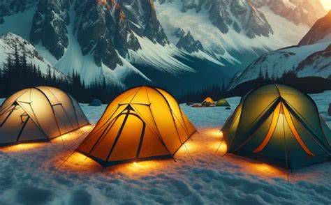 tenda da campeggio invernale in un paesaggio innevato