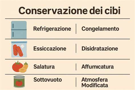 Schema dei vari metodi di conservazione: essiccazione, sott'olio e congelamento