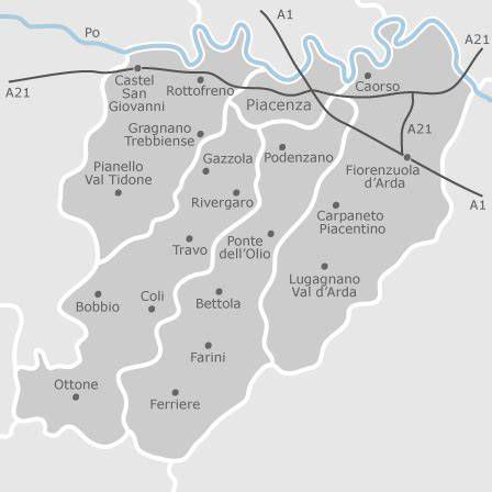 Mappa della provincia di Piacenza con le aree di intervento